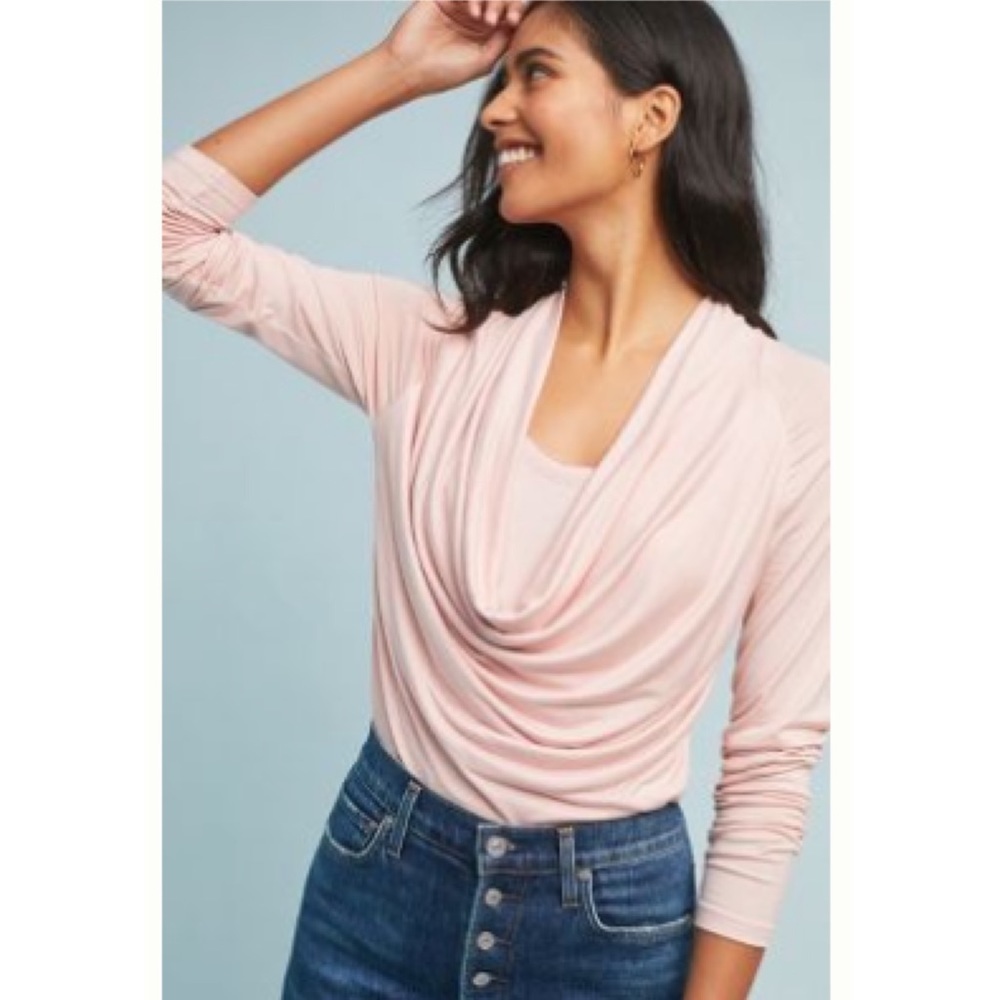 Anthropologie size XL Pure + Good Jersey Cowl Neck Top Long Sleeve Rose pink
